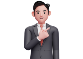 Close up of smart businessman in black suit pointing to the top right, 3d illustration of businessman in black suit pointing png