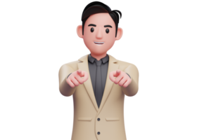 hombre de negocios usa traje marrón apuntando a la cámara con ambas manos, ilustración 3d de un hombre de negocios apuntando a la cámara con ambos dedos índice png
