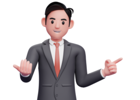 businessman in formal black suit doing come here gesture and pointing to the side, 3d illustration of a businessman pointing and inviting to join png