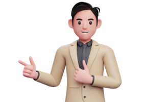 Businessman in brown suit pointing and thumbs up, close up 3D illustration of businessman in brown suit pointing and thumbs up png