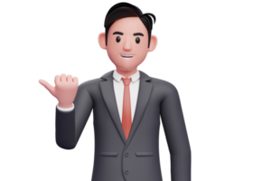 businessman in black suit red tie pointing with thumb aside looking at the camera, 3D illustration of businessman pointing with thumb png