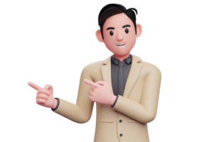 man in brown suit pointing side with both index fingers, 3d illustration of a smart businessman pointing png