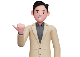 businessman in brown suit black tie pointing with thumb aside looking at the camera, 3D illustration of businessman pointing with thumb png