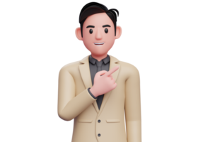 Close up of smart businessman in brown suit pointing to the top right, 3d illustration of businessman in brown suit pointing png