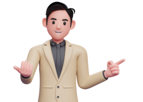 businessman in formal brown suit doing come here gesture and pointing to the side, 3d illustration of a businessman pointing and inviting to join png