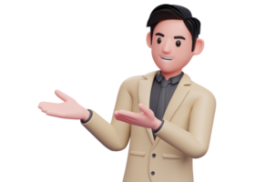 Geschäftsmann im braunen Anzug öffnet beide Hände Pose, 3D-Darstellung eines Geschäftsmannes, der Seite mit offenen beiden Händen präsentiert png