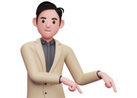 businessman in brown suit pointing to the lower right corner, 3d illustration of businessman in brown suit pointing to the lower right corner inviting to subscribe png
