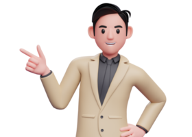 businessman in brown suit pointing gun finger to the left, 3d illustration of a businessman in brown suit pointing with finger gun png