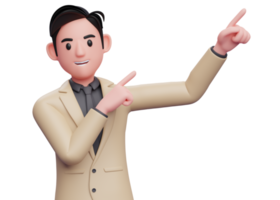 businessman in brown suit raising both hands pointing to the top right corner, 3d illustration of a businessman pointing to the top right corner with both finger png