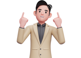 businessman in brown suit and black shirt raises both index fingers and looks up, 3d illustration of a businessman pointing up being grateful png