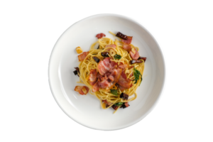 Stir-Fried Spaghetti With Dried Chili And Crispy Bacon on white dish. png