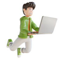 3D illustration business man flying holding laptop png