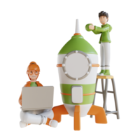 3D illustration business man and woman with rocket png