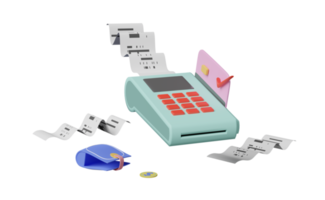 máquina de pagamento ou terminal pos, pagamento de contas eletrônicas e cartão de crédito com recibo de fatura ou cheque em papel, carteira, moeda isolada. ilustração 3D ou renderização 3D png