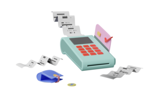 machine de paiement ou terminal pos, paiement électronique de factures et carte de crédit avec reçu de facture ou de chèque papier, portefeuille, pièce isolée. illustration 3d ou rendu 3d png