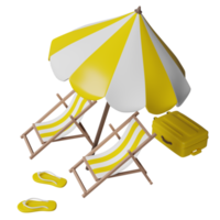 voyage d'été avec valise jaune, chaise de plage, parapluie, nuage, sandales isolées. concept illustration 3d ou rendu 3d png