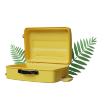 valise ouverte jaune vide avec feuille de palmier isolée. concept de voyage d'été, illustration 3d ou rendu 3d png