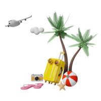 estate viaggio con giallo valigia, sandali, sfera, Noce di cocco albero, telecamera isolato. concetto 3d illustrazione o 3d rendere png