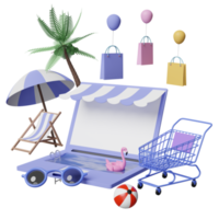 monitor de computadora portátil con frente de tienda, silla de playa, flamenco inflable, hoja de palma, carrito de compras, bolsas de papel, concepto de venta de verano de compras en línea, ilustración 3d o presentación 3d