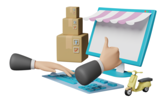 computer monitor with store front, businessman hand, goods box, scooter isolated. franchise business or fast package shipping delivery concept, 3d illustration or 3d render png