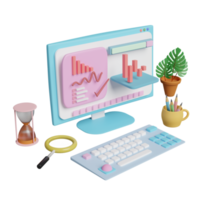 computer with charts and graph, analysis business financial data, dollar coins, magnifying glass, Online marketing isolated. 3d illustration or 3d render png