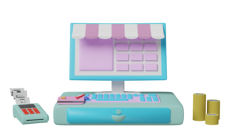 cash register machine with pos terminal, electronic bill payment, invoice or paper check receipt isolated. 3d illustration or 3d render png