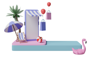 Podium de scène 3d avec vitrine de téléphone portable ou de smartphone, chaise de plage, flamant rose gonflable, feuille de palmier, sacs en papier d'achat, concept de vente d'été en ligne, illustration de rendu 3d png