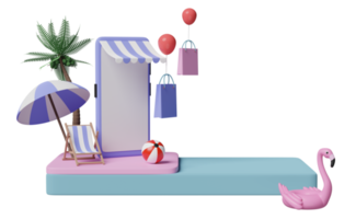 3d stadium podium met mobiel telefoon of smartphone op te slaan voorkant, strand stoel, opblaasbaar flamingo, palm blad, boodschappen doen papier Tassen, online boodschappen doen zomer uitverkoop concept, 3d geven illustratie png