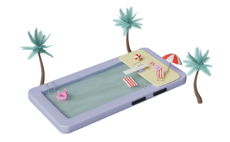 telefone celular ou smartphone com piscina, palmeiras, cadeira de praia, flamingo inflável, guarda-sol, sandálias, trampolim isolado. conceito de férias de viagem de verão, ilustração 3d ou renderização 3d png