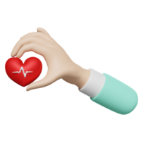 mains de médecin de dessin animé tenant le coeur rouge et la fréquence cardiaque de la pression artérielle isolées. amour de la santé ou concept de la journée mondiale du coeur, illustration 3d ou rendu 3d png