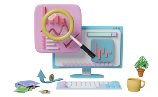 computer with charts and graph, analysis business financial data, dollar coins, magnifying glass, Online marketing isolated. 3d illustration or 3d render png