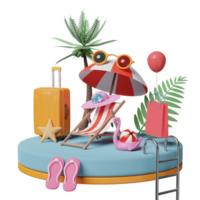 bühnenpodium mit orangefarbenem koffer, strandkorb, sonnenbrille, aufblasbarem flamingo, sandalen, palmblatt, einkaufstüten, sommerreisen oder online-shopping-sommerverkaufskonzept, 3d-illustration oder 3d-rendering png