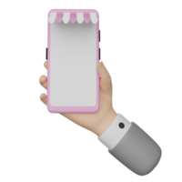 Main d'homme d'affaires 3d tenant un smartphone, téléphone portable isolé. modèle de téléphone à écran ou concept de maquette de téléphone, illustration de rendu 3d png