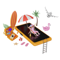 viajes de verano con una mujer sentada en una silla de playa y teléfono móvil, maleta, tabla de surf, paraguas, flamenco inflable, palma, cámara, sandalias aisladas. concepto de ilustración 3d o renderizado 3d