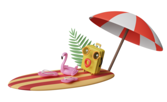 voyage d'été avec valise jaune, lunettes de soleil, planche de surf, parapluie, flamant gonflable, palmier isolé. concept illustration 3d ou rendu 3d png