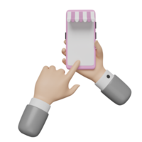 main d'homme d'affaires tenant un smartphone rose isolé. modèle de téléphone à écran ou concept de maquette de téléphone, illustration 3d ou rendu 3d png