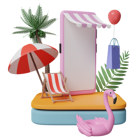 pódio de palco com frente de loja de celular ou smartphone, cadeira de praia, flamingo inflável, folha de palmeira, sacos de papel de compras, conceito de venda de verão de compras on-line, ilustração 3d ou renderização 3d png