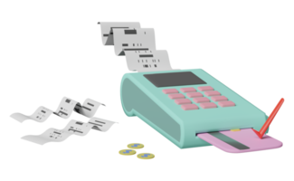 3d-zahlungsautomat oder pos-terminal, elektronische rechnungszahlung und kreditkarte mit rechnungs- oder papierscheckbeleg, münze isoliert. 3D-Darstellung png