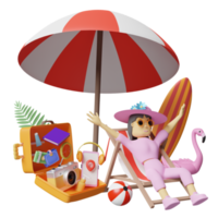 viagens de verão com mulher sentada na cadeira de praia e mala laranja, prancha de surf, guarda-chuva, flamingo inflável, palm, câmera isolada. ilustração 3d do conceito ou renderização 3d png