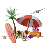 voyage d'été avec valise, chaise de plage, lunettes de soleil, appareil photo, planche de surf, parapluie, flamant gonflable, cocotier, loupe isolée. concept illustration 3d ou rendu 3d png