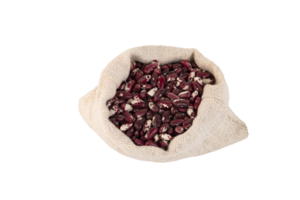 haricots colorés, graines de haricots rouges et blancs dans un sac en lin, png, fond transparent. png