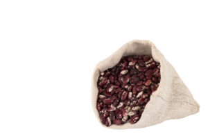 Colored beans, red and white bean seeds in a linen bag, PNG, transparent background. png