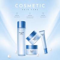 Blue Cosmetic Set Ads with Pearls on Light Blue Background vector