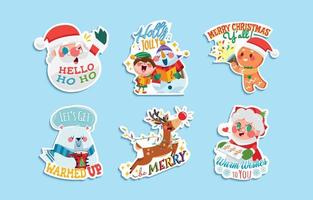 conjunto de pegatinas de saludo de santa claus y sus ayudantes vector