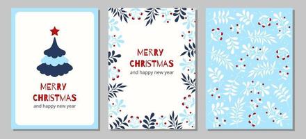 Set of christmas and happy new year greeting cards with Christmas tree, floral frames and backgrounds. vector