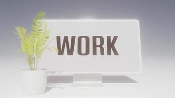 Laptop and plant in the pott with sign work at night and sunset, 3d render animation. video