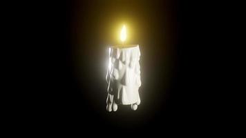 A burning candle made of white wax rotates in the air. 3d render looped 4k animation. video