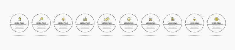 Business Infographics template. Timeline with 10 steps, options and marketing icons .Vector linear infographic with two circle conected elements. Can be use for presentation. vector