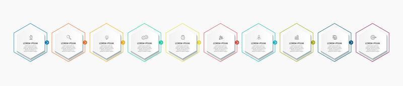 Business Infographic design template Vector with icons and 10 options or steps. Can be used for process diagram, presentations, workflow layout, banner, flow chart, info graph