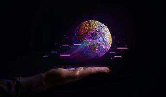 World Technology Concepts. Global Network and Data Exchange. Worldwide Business. Telecommunication, Finance and Internet of Things. Gesture Hand Levitating Globe photo